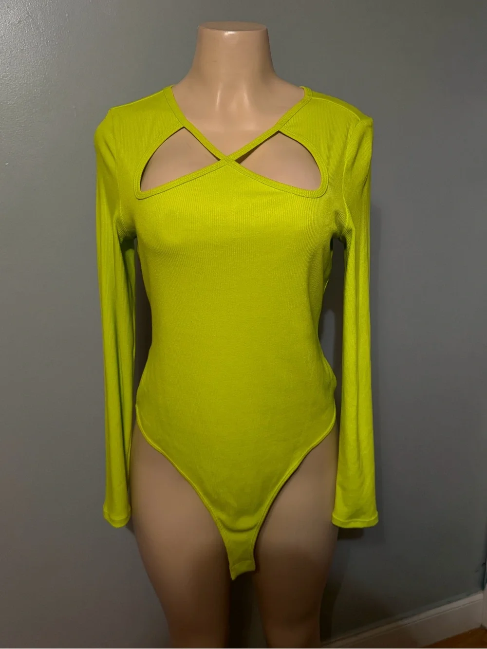 Neon Lime Long-Sleeve Cutout Bandeau Bodysuit